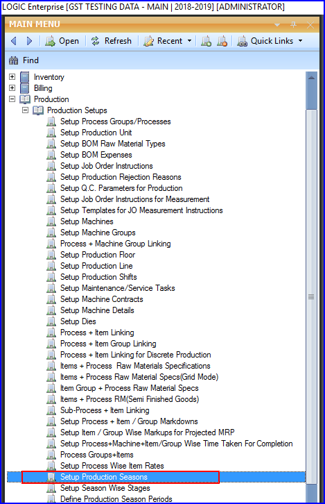 Setup Production Seasons